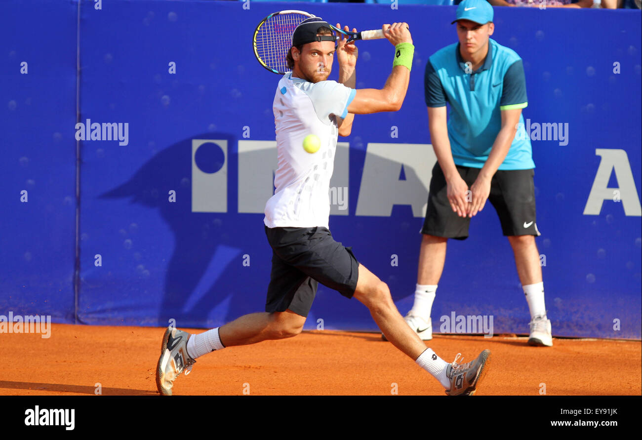 Umag, Croazia. Il 24 luglio, 2015. (Portogallo) Joao Sousa durante le singole di match Fognini v Sousa al ATP 26 Konzum Croatia Open torneo di Stadion Stella Maris, il 24 luglio 2015 a Umag. Credito: Andrea Spinelli/Alamy Live News Foto Stock