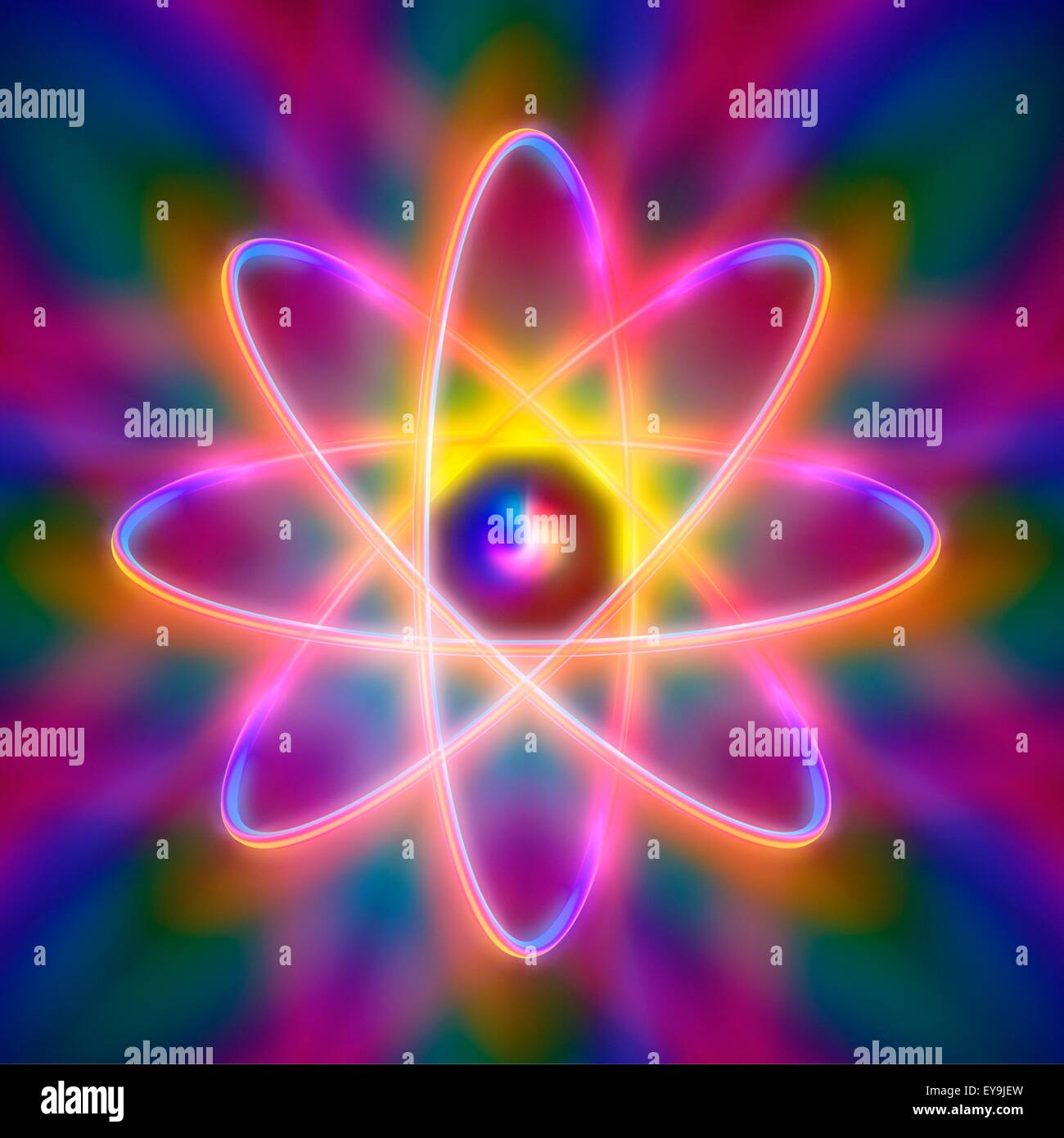 Struttura atomica. Calcolatore concettuale illustrazione che rappresenta la struttura di un atomo. Otto gli elettroni sono visto che orbita intorno al Foto Stock