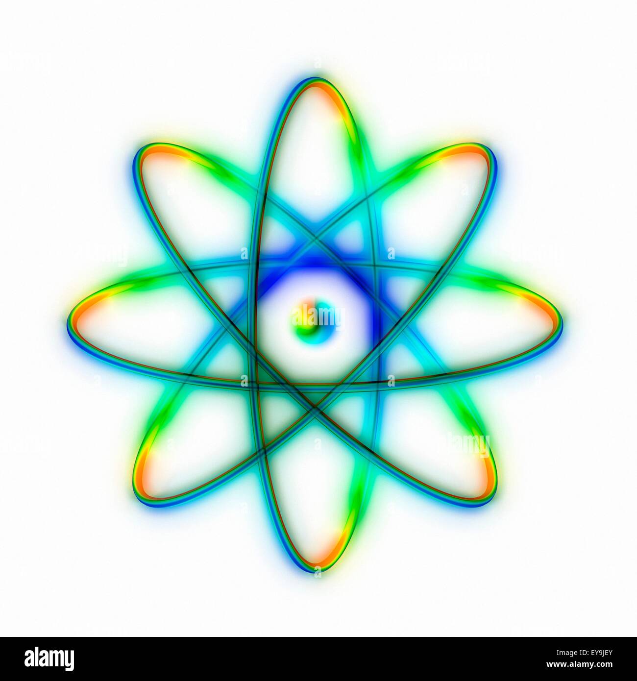 Struttura atomica. Calcolatore concettuale illustrazione che rappresenta la struttura di un atomo. Otto gli elettroni sono visto che orbita intorno al Foto Stock