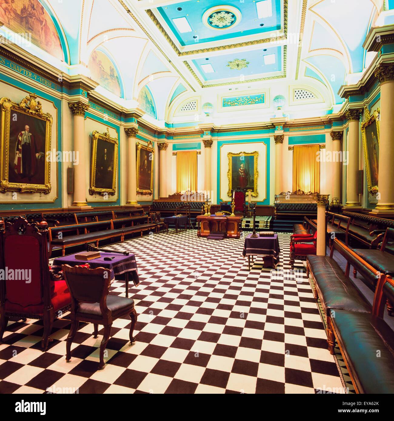 Grand Lodge Camera, Freemasons Hall, Dublino, Irlanda; interni di Irish Masonic Lodge Foto Stock