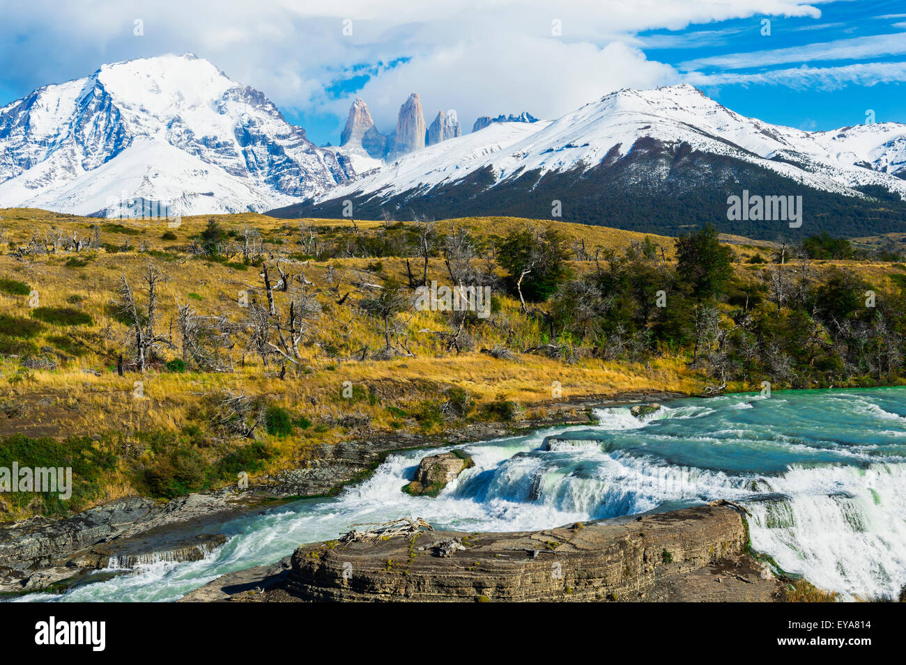 Cascata, Cuernos del Paine dietro, Parco Nazionale di Torres del Paine Patagonia cilena, Cile Foto Stock