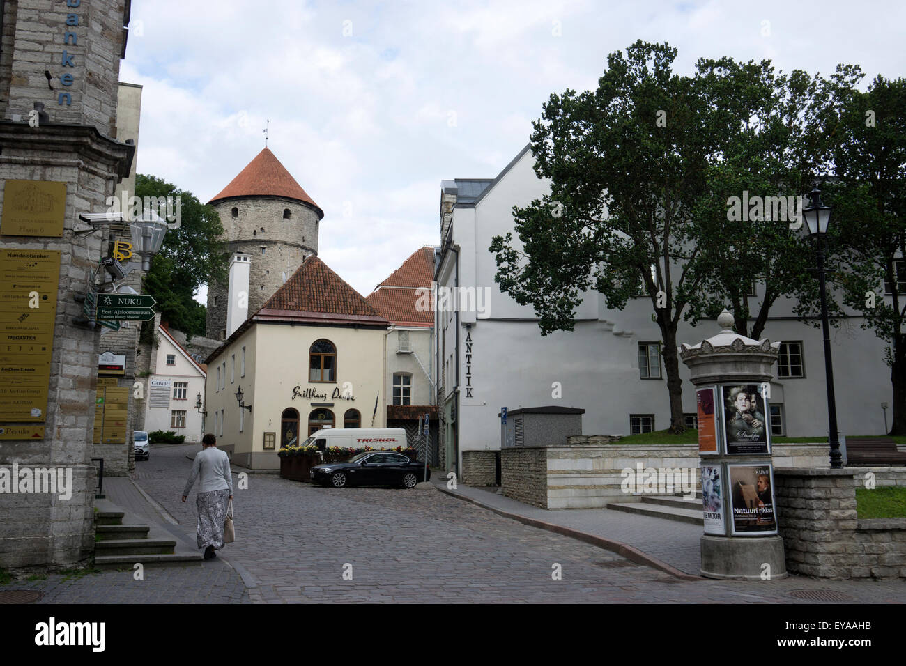 Mattina a Tallinn in Estonia la Città Vecchia con la quattrocentesca torre, Kiek in de Kök, affacciato su negozi e case. Foto Stock