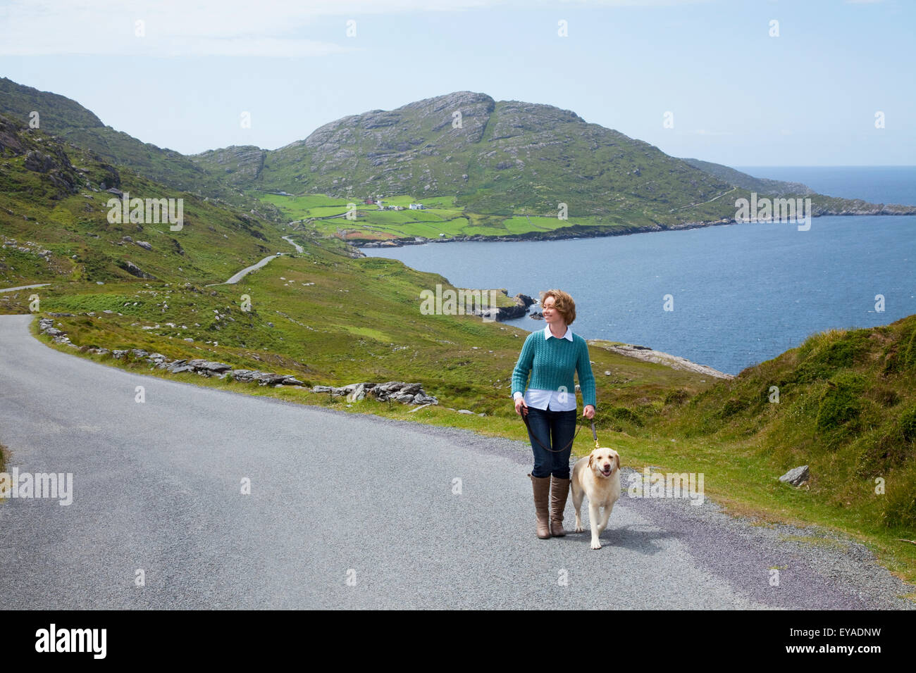 Una donna cammina con il suo cane giù per una strada da Eyeries a Allihies; nella contea di Cork, Irlanda Foto Stock