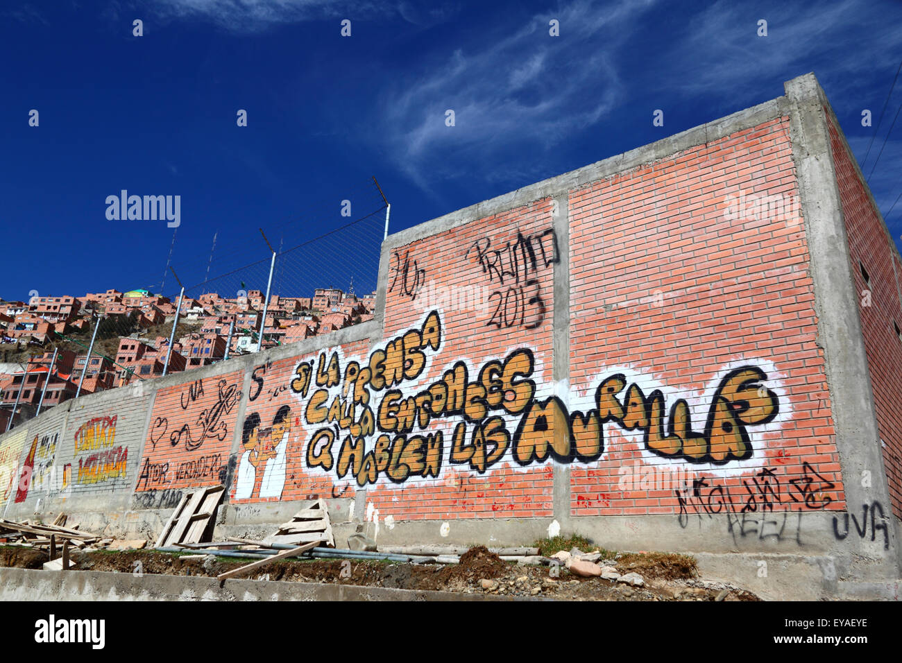 Graffiti a favore della libertà di discorso sul muro nel sobborgo della città, La Paz, Bolivia Foto Stock
