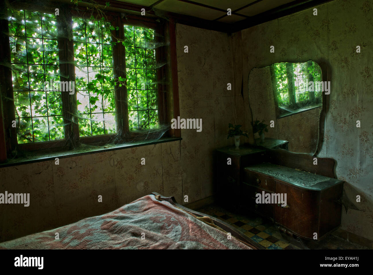 Esplorare urbano di un casale abbandonato in Belgio che ha ancora la maggior parte delle sue caratteristiche e mobili. Foto Stock
