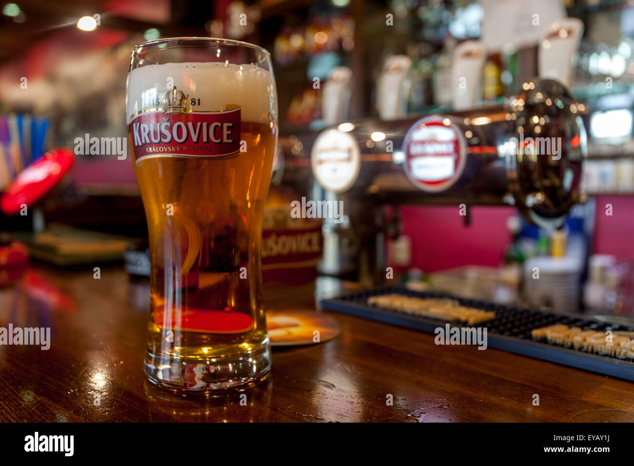 Krusovice bicchiere di birra nel bar di Praga all'interno della Repubblica ceca Foto Stock