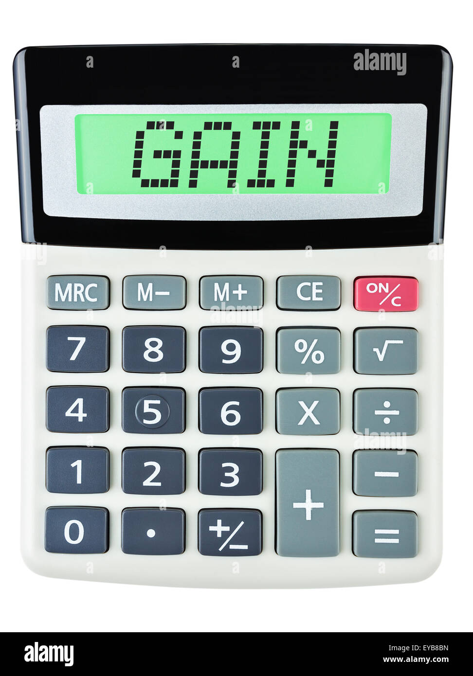 Calcolatrice con guadagno sul display su sfondo bianco Foto Stock