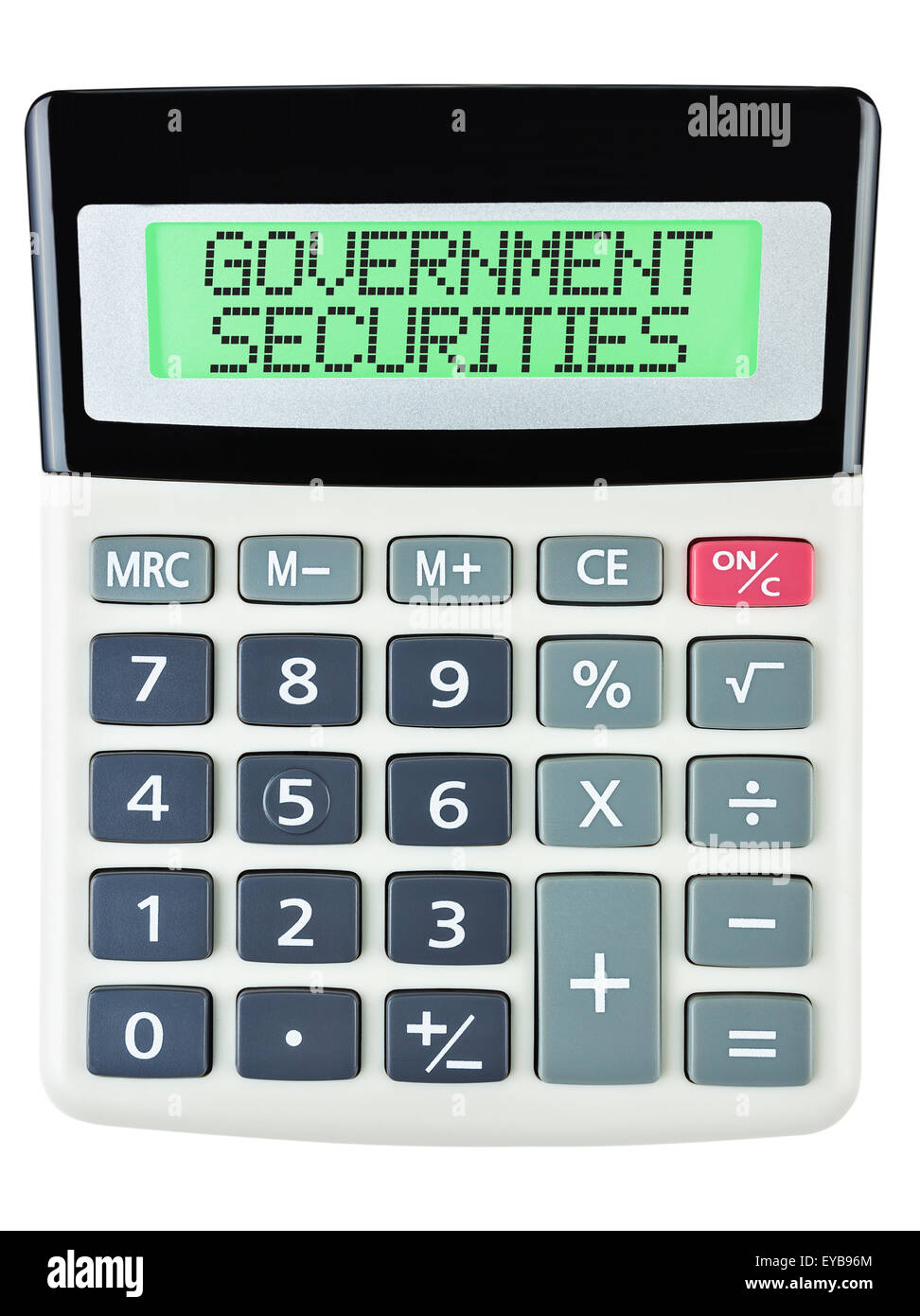Calcolatrice con i titoli di stato sul display isolati su sfondo bianco Foto Stock