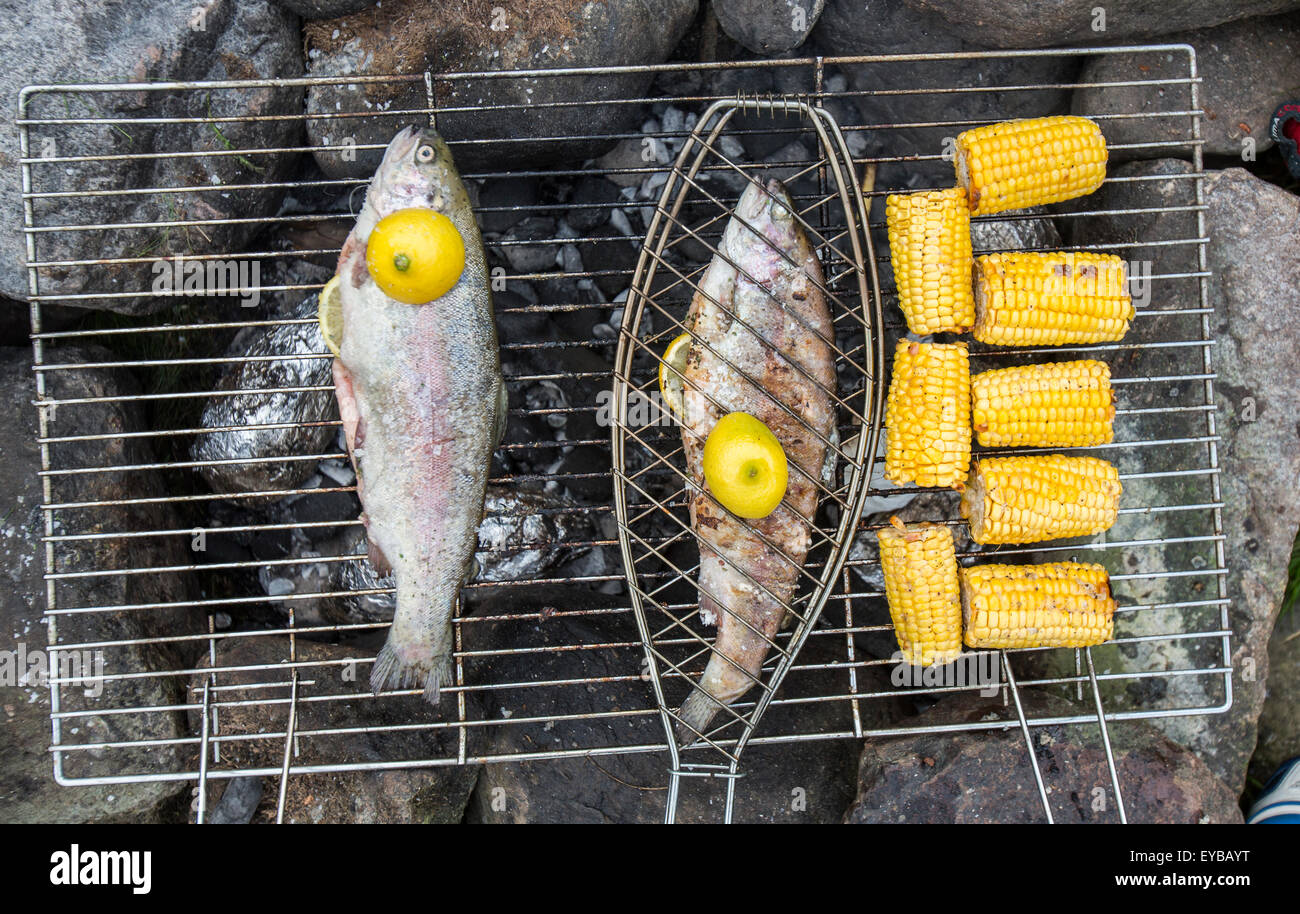 Gli amici siedono attorno a un fuoco di campo la cottura di alcuni pesci e sulla pannocchia di mais in colline di Scozia, 2015. Foto Stock