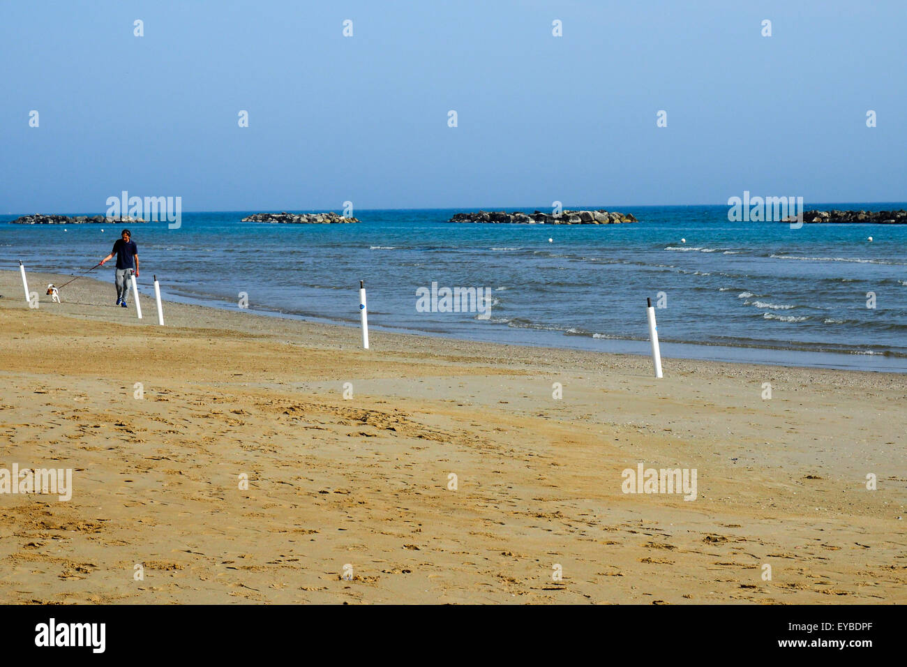 Un uomo che cammina il suo cane ang la spiaggia. Foto Stock