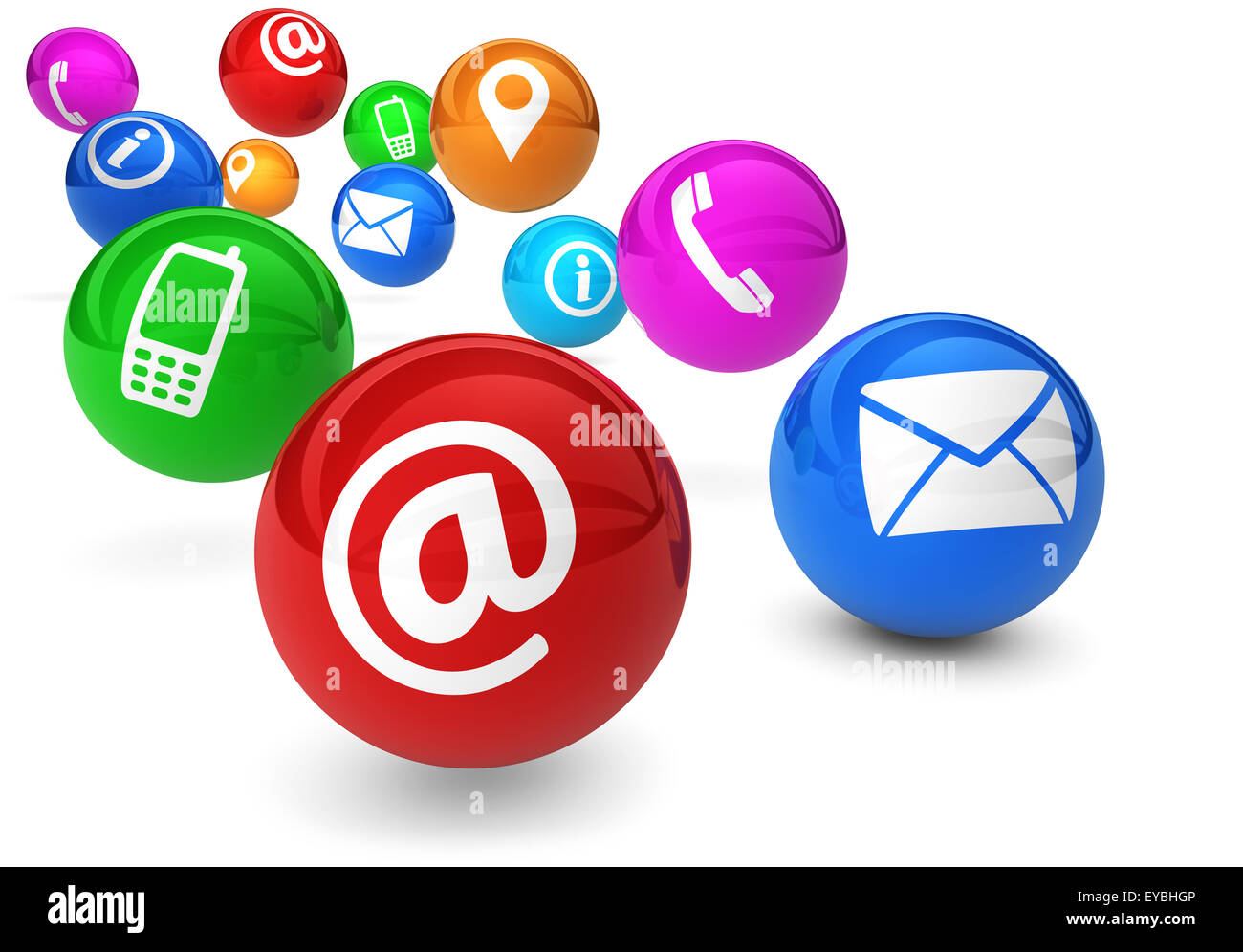 E-mail, web e concetto di Internet con il contatto e il collegamento delle icone e simboli sul rimbalzo sfere colorate isolato su bianco. Foto Stock