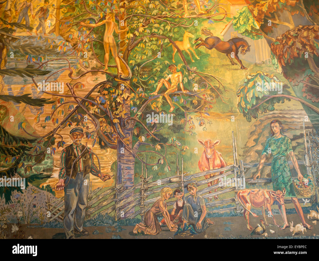 La Galleria Est affresco murale dettaglio da Per Krohg del Municipio di Oslo Foto Stock
