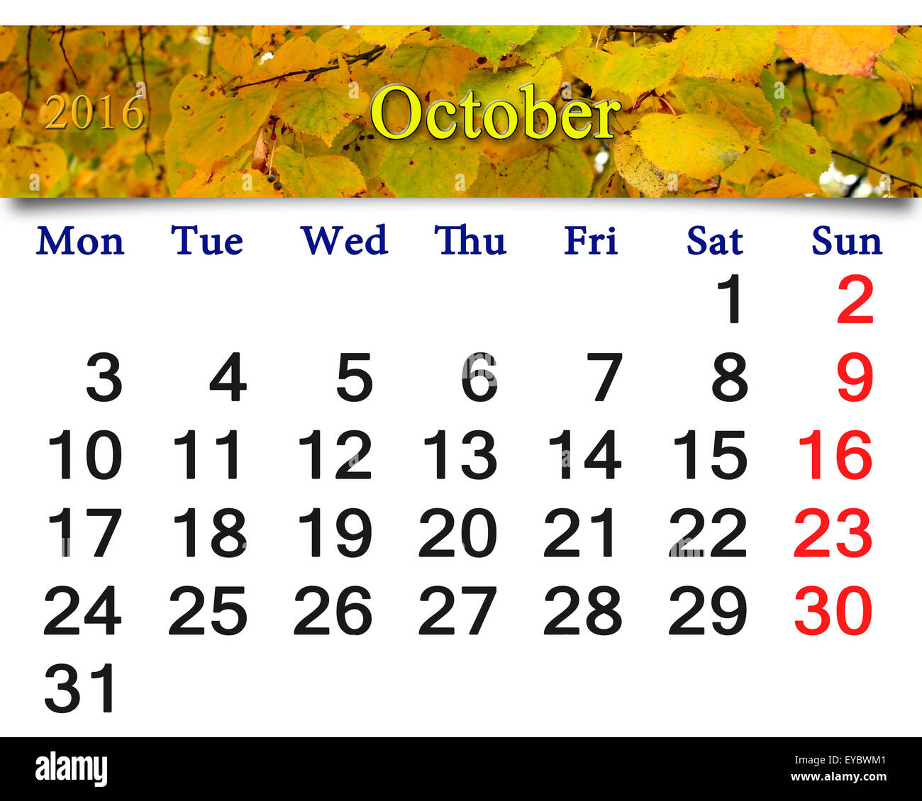 Calendario per il mese di ottobre 2016 con il nastro di foglie di giallo Foto Stock