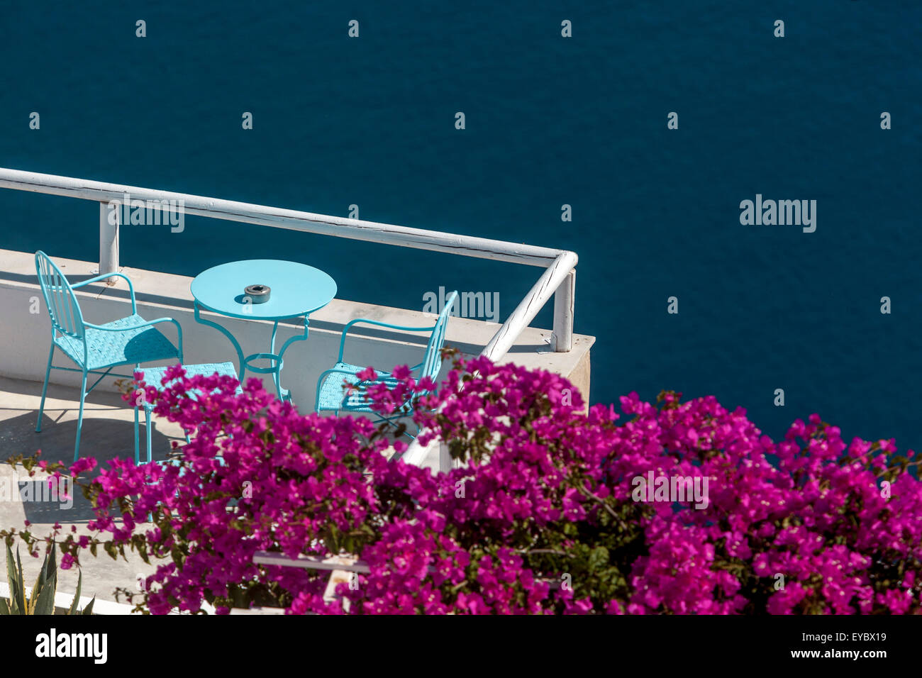 Terrazza sul mare fiorito vite Santorini Grecia Bougainvillea magenta Foto Stock