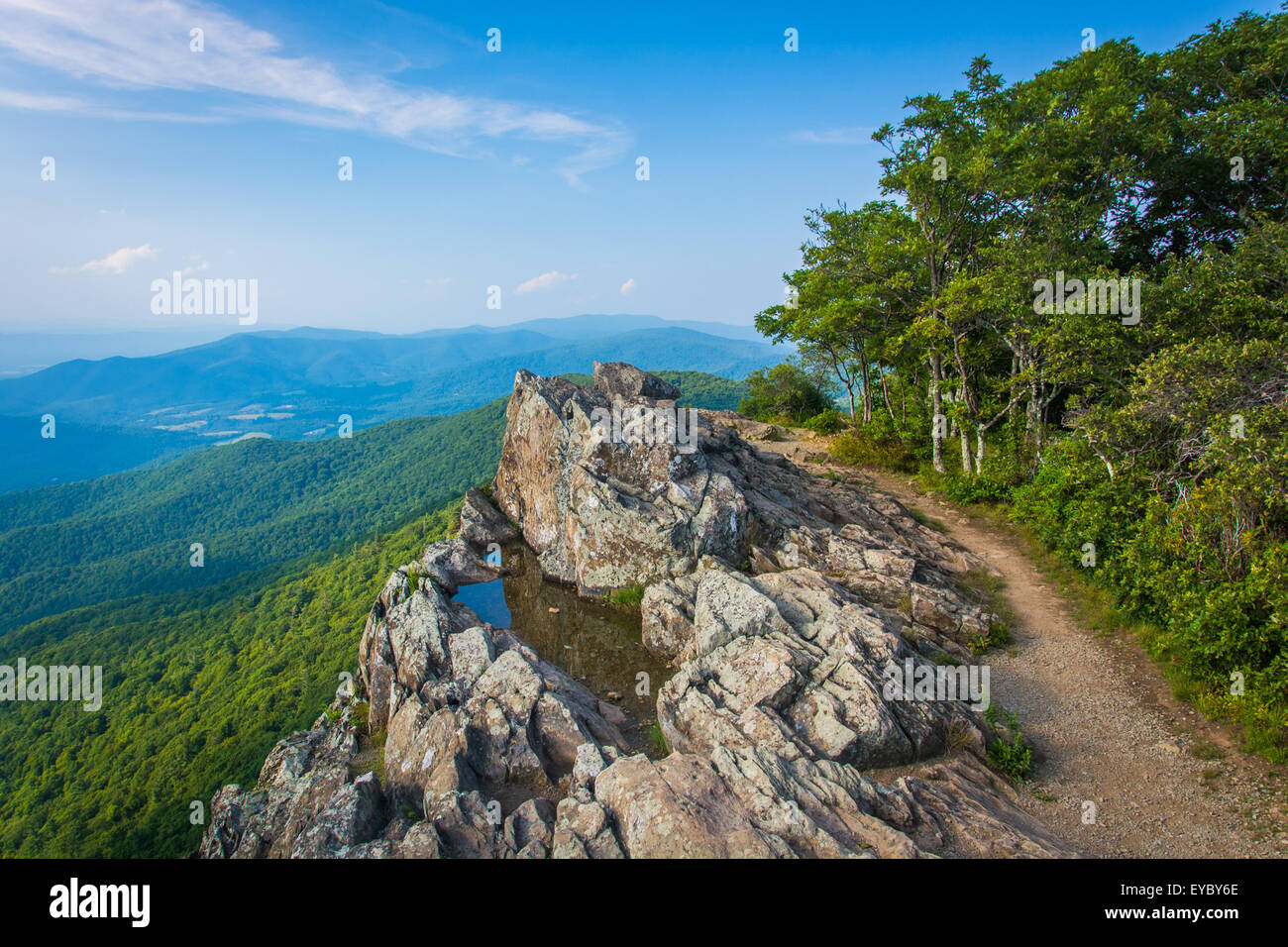 Vista delle Blue Ridge Mountains da Little Stony Man scogliere nel Parco Nazionale di Shenandoah, Virginia. Foto Stock