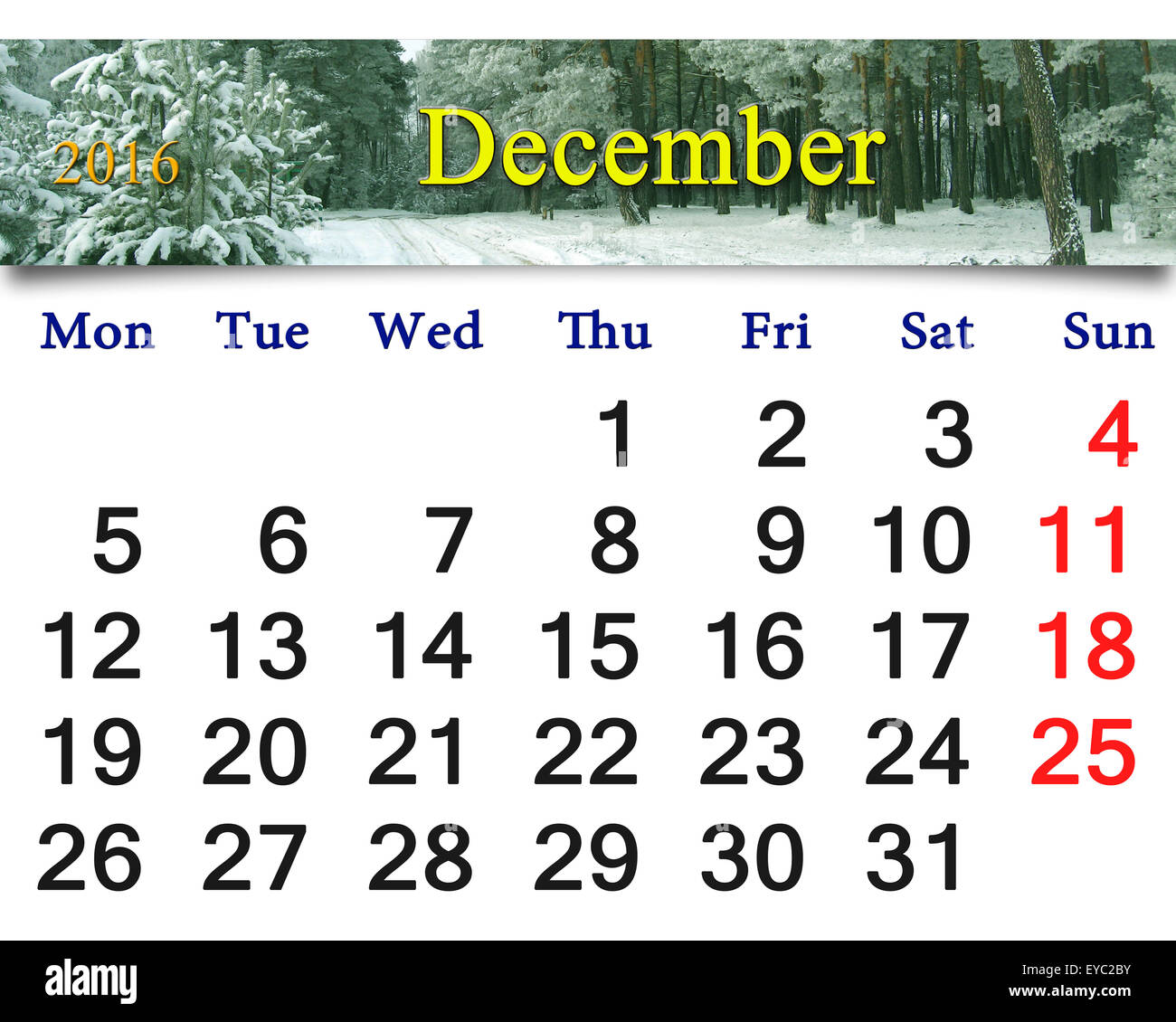 Bellissimo il calendario per il mese di dicembre 2016 con il nastro della foresta d'inverno. Il calendario per la stampa e utilizzo nella vita in ufficio. Foto Stock
