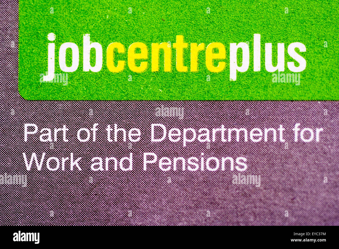 DWP Dipartimento per il lavoro e le pensioni, Job Centre Plus logo sulla parte anteriore del foglio illustrativo. Foto Stock