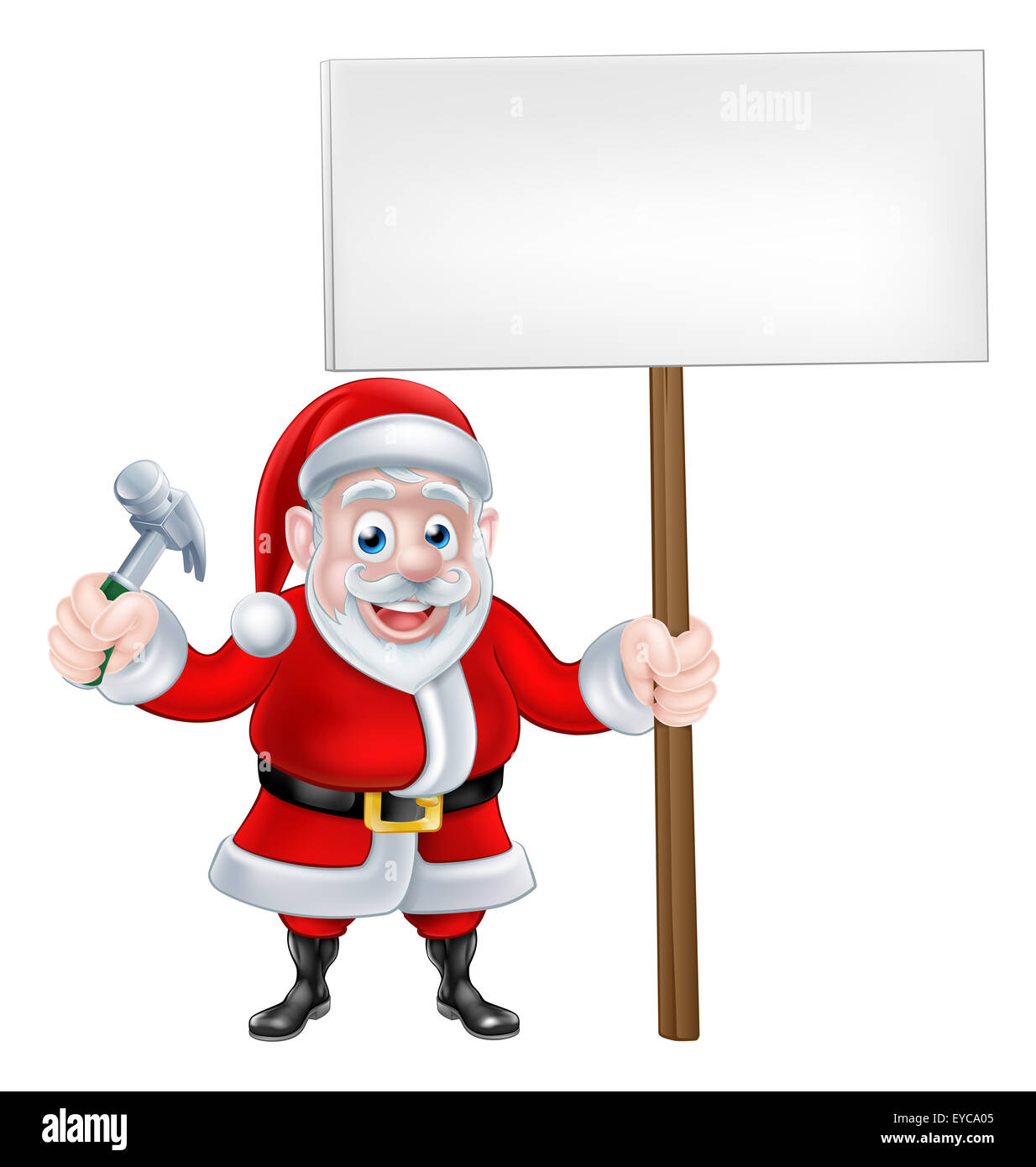 Un cartoon di Natale Santa Claus tenendo un martello e segno bordo Foto Stock
