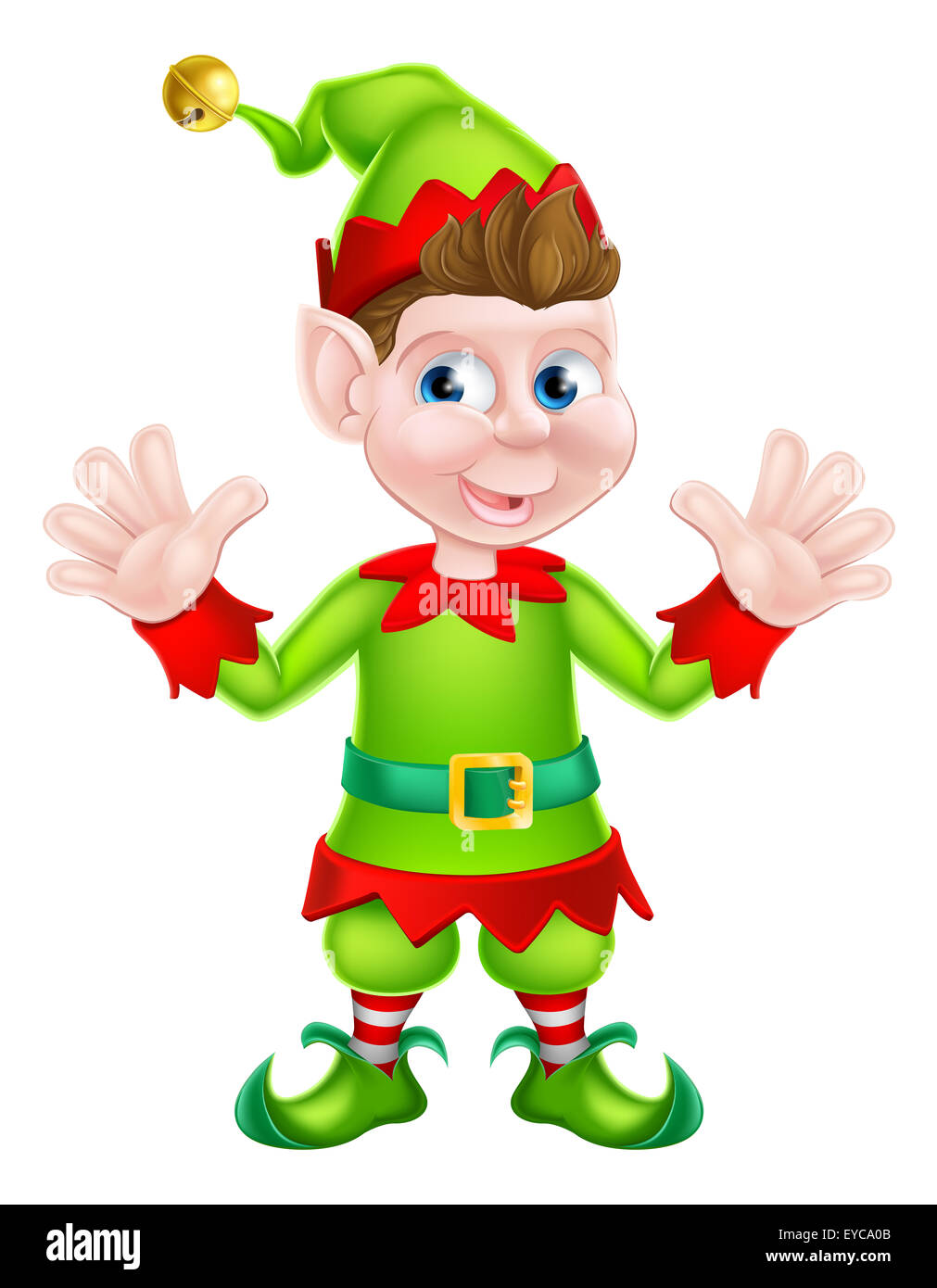 Una illustrazione di un simpatico cartoon felice Natale Elf o uno di Santa s Natale aiutanti sventolando Foto Stock