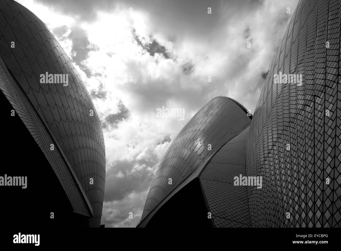 Sydney Opera House close up in bianco e nero Foto Stock