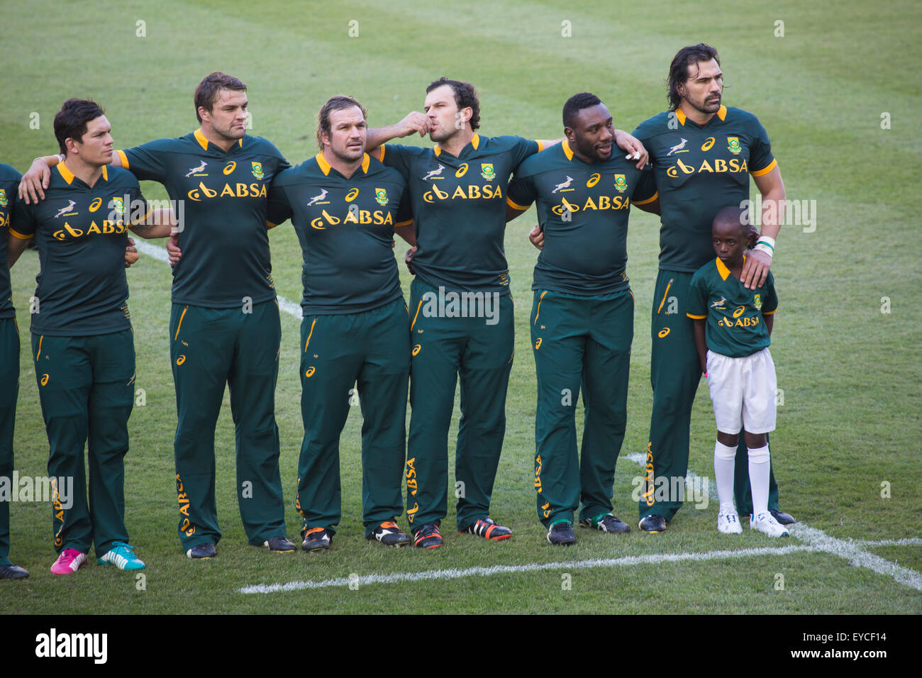 Springbok giocatori allineando per inni nazionali al secondo test match tra il Sud Africa e il Galles a Stadio Mbombela Foto Stock