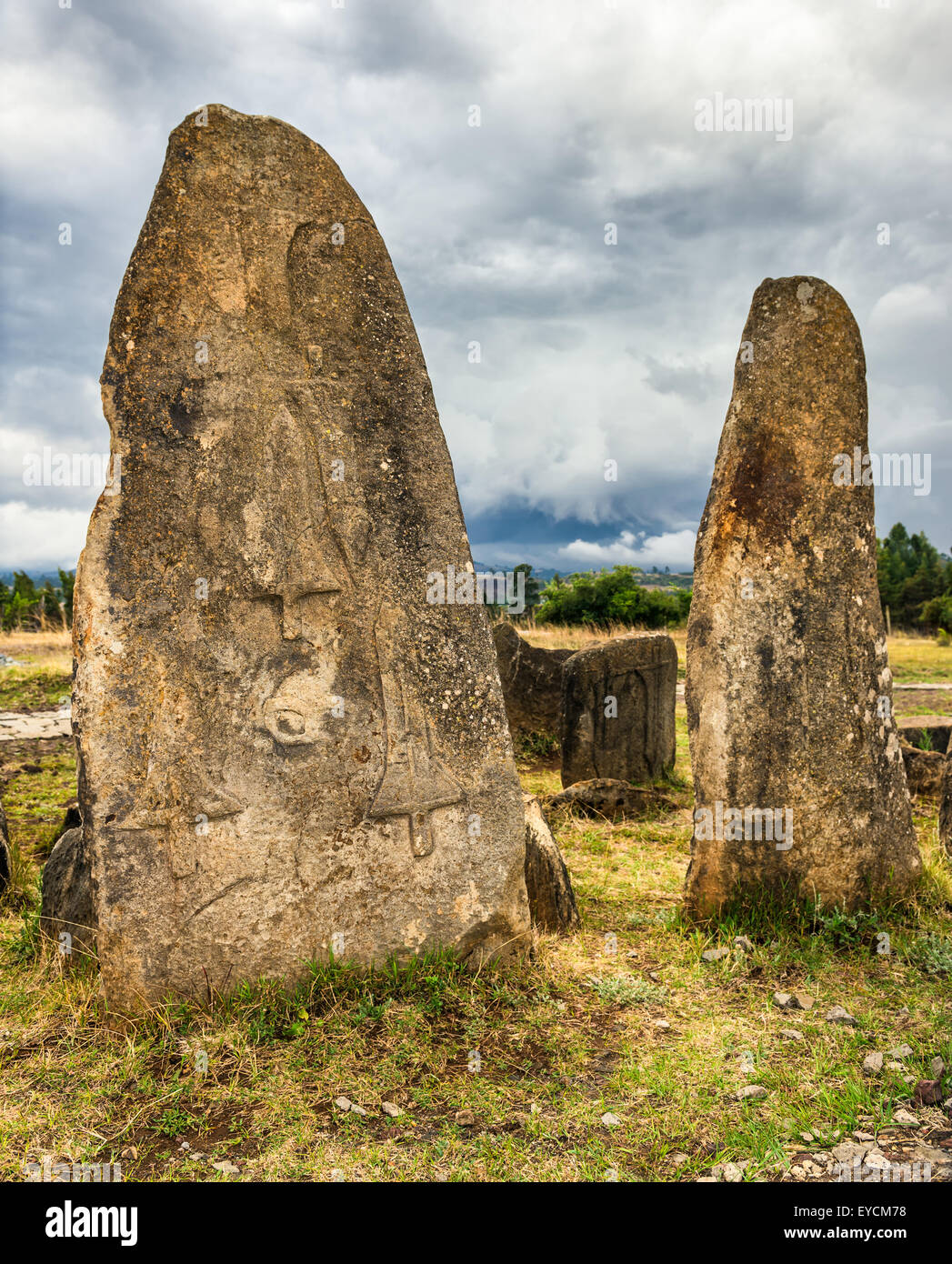Tiya megalitico di colonne in pietra, un sito Patrimonio Mondiale dell'UNESCO vicino ad Addis Abeba, Etiopia. Foto Stock