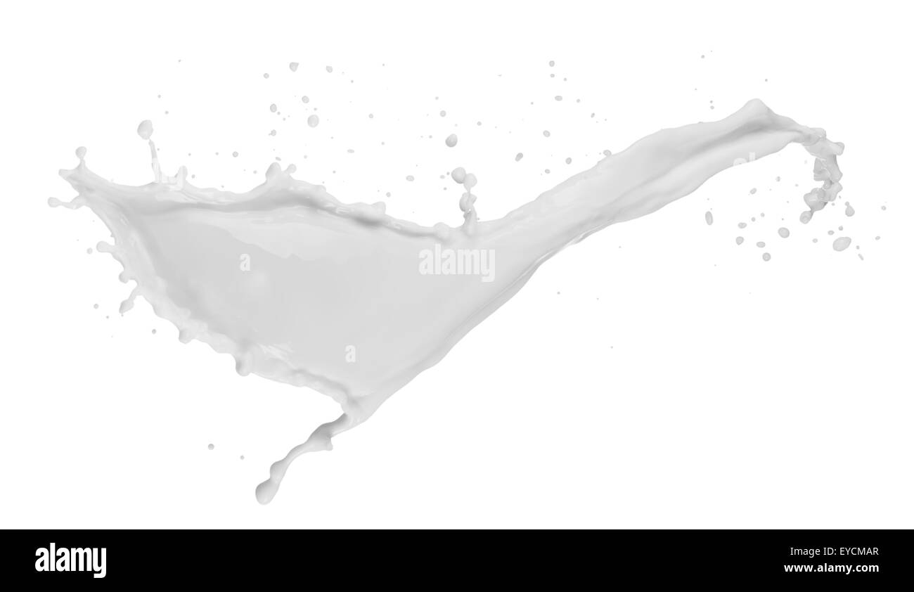 Schizzi di latte isolate su uno sfondo bianco. Foto Stock