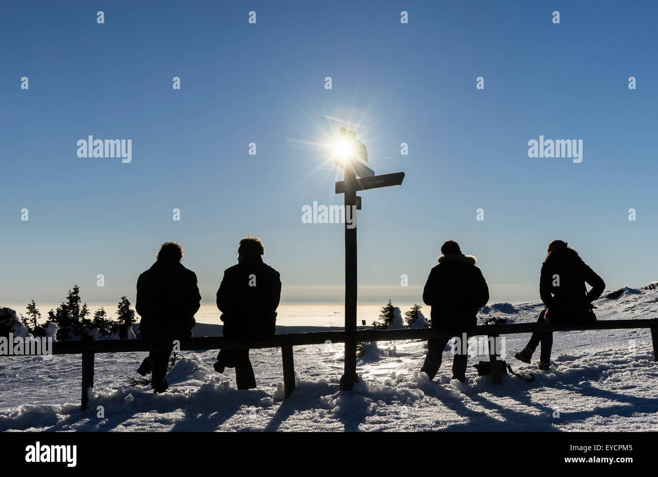 Germania, Sassonia-Anhalt, quattro escursionisti seduti fianco a fianco godendo di vista da Brocken Foto Stock