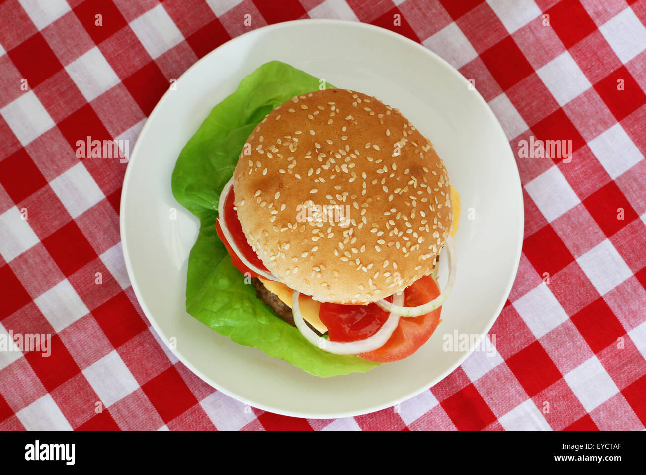 Cheeseburger shot dalla sommità di rosso e bianco di panno a scacchi Foto Stock