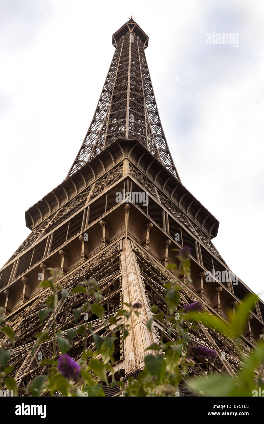 Torre Eiffel, Parigi, bassa angolazione dell'iconico punto di riferimento in Francia Foto Stock