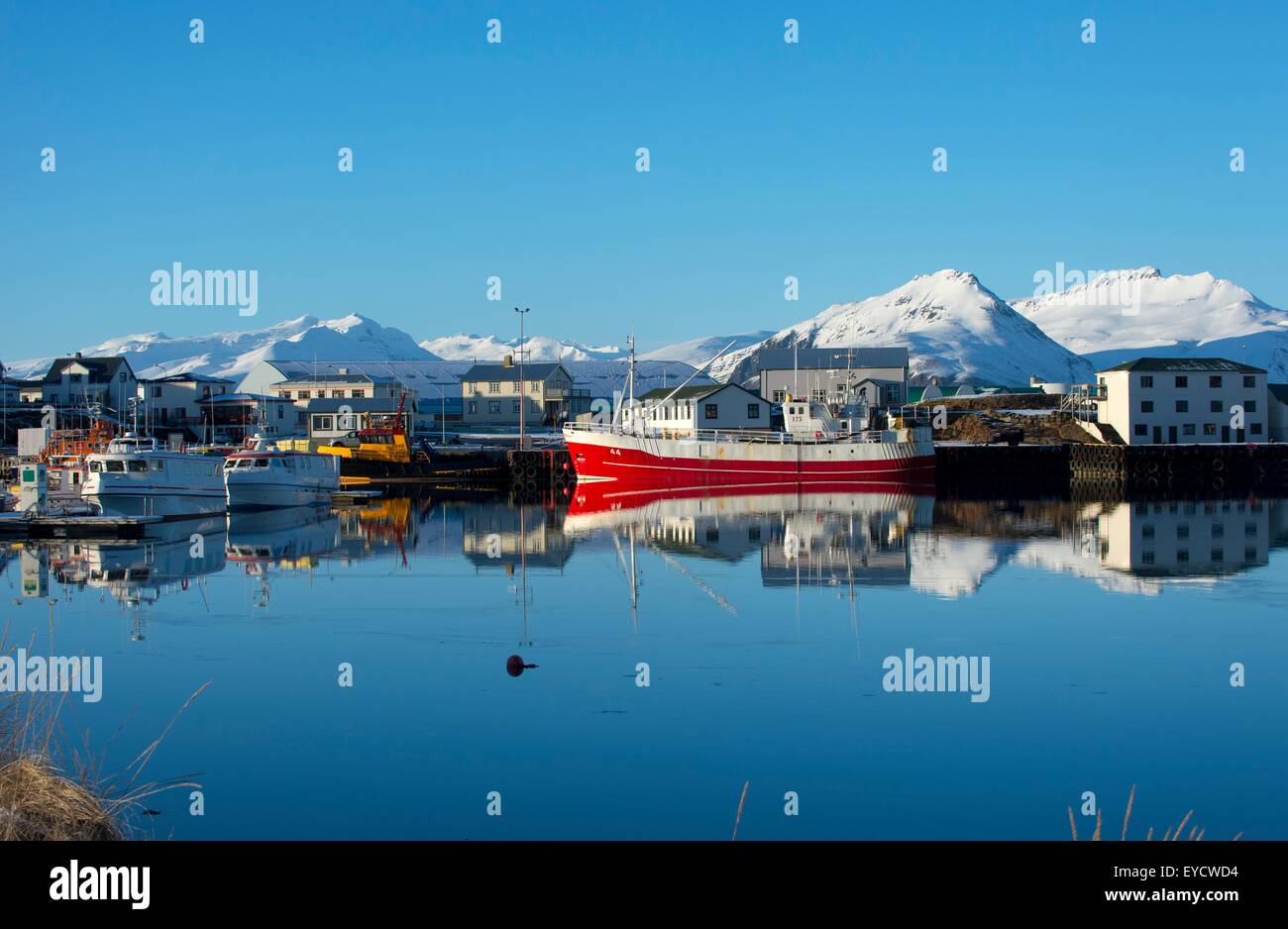 Vista delle barche da pesca e montagne coperte di neve, Hofn Harbour, Islanda Foto Stock