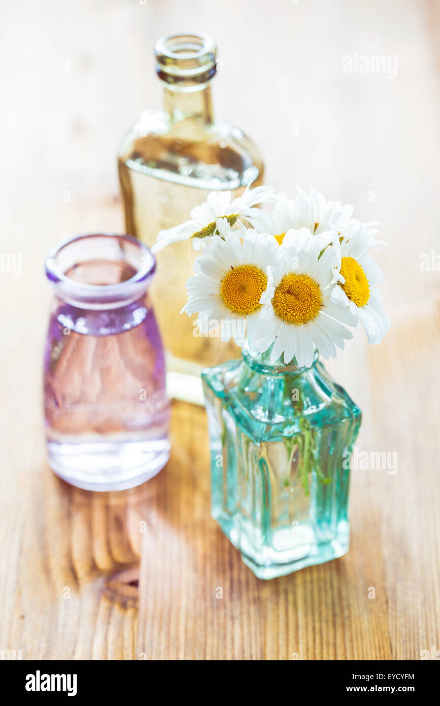 Bouquet di chamomiles in piccoli vasetti di vetro su sfondo di legno Foto Stock