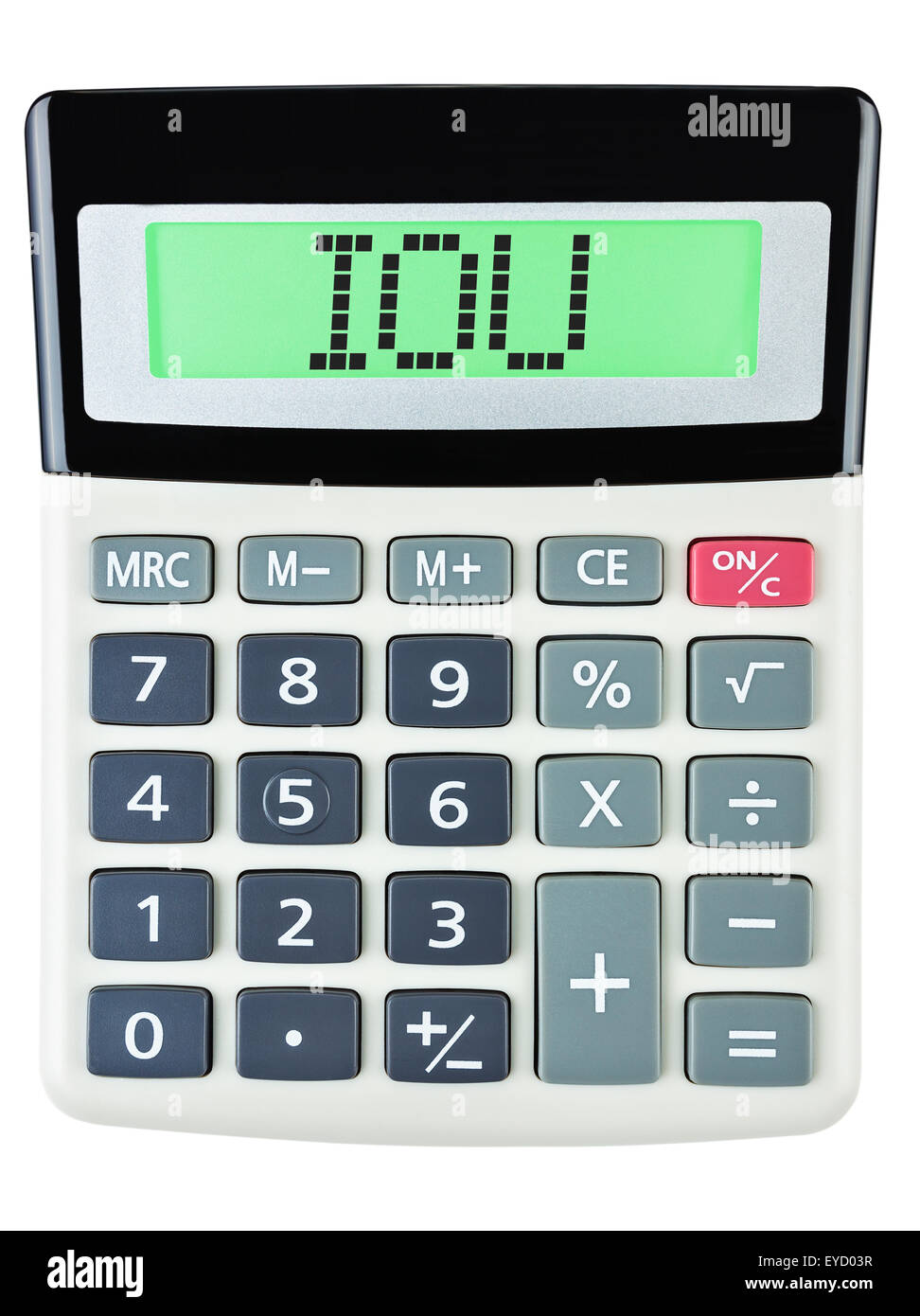 Calcolatrice con IOU sul display isolati su sfondo bianco Foto Stock