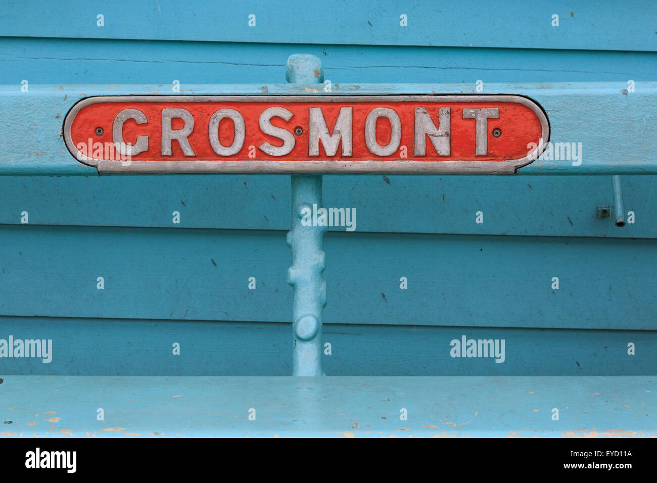 Segno per stazione Grosmont sulla North Yorkshire Moors Railway Foto Stock