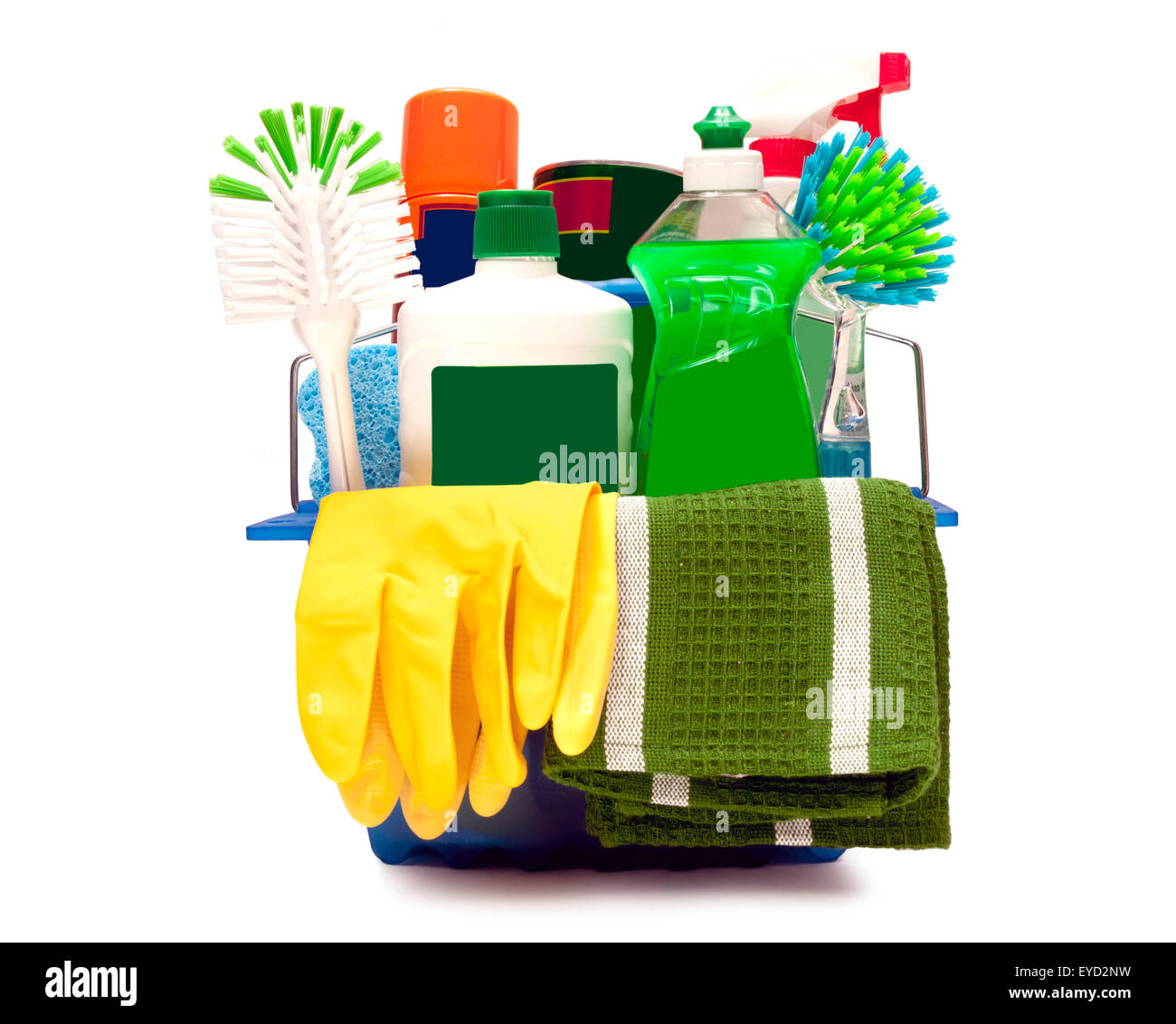 Materiali per la pulizia con giallo guanti di gomma. Foto Stock