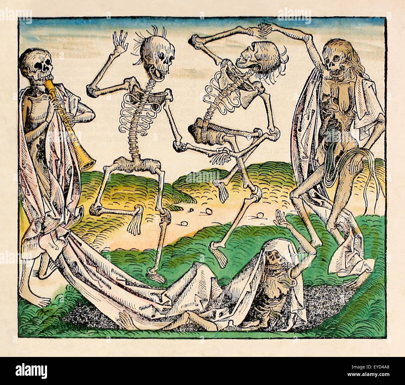 'Dance di morte" (aka "anse macabro') da "Liber Chronicarum' di Hartmann Schedel (1440-1514), pubblicato nel 1493. Vedere la descrizione per maggiori informazioni. Foto Stock