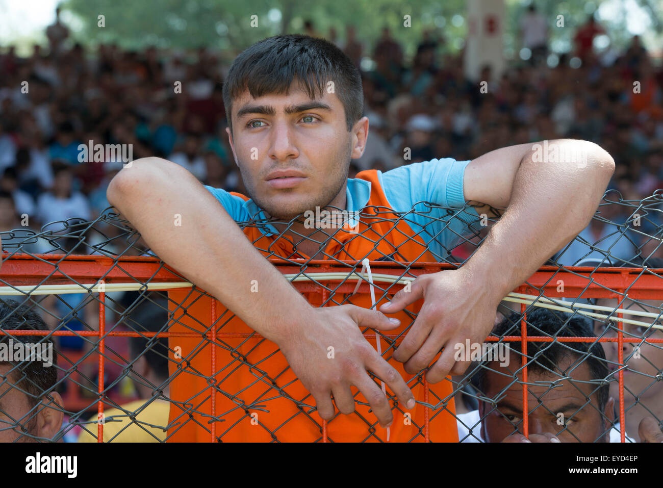 Il lottatore lottatori Kirkpinar olio campionati di wrestling, Edirne, Turchia Foto Stock