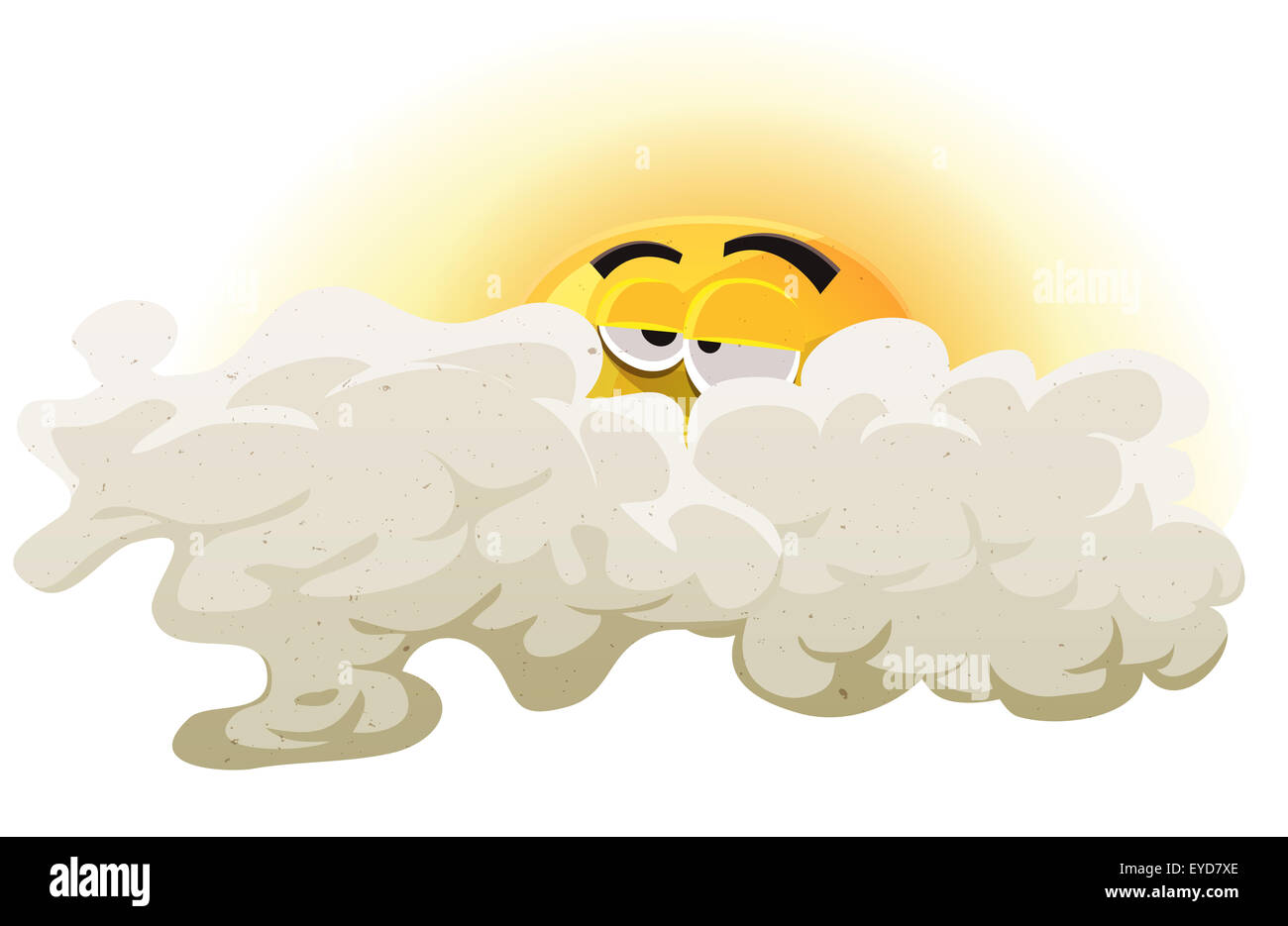 Illustrazione di un cartone animato divertente personaggio sun addormentato dietro cloudscape, che simboleggiano la mattina e la polvere caduta stagione Foto Stock
