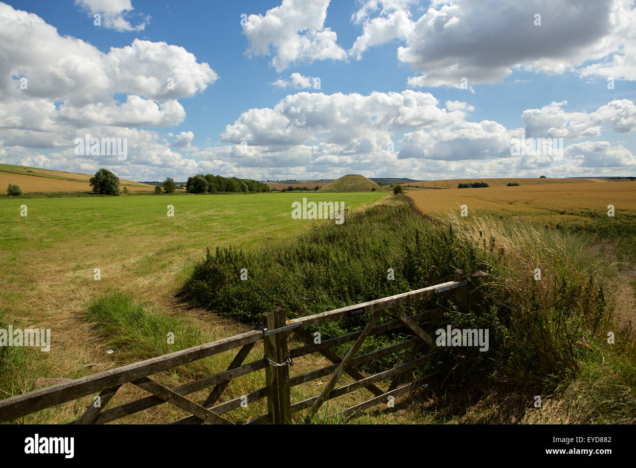 Vista in lontananza le antiche tumulo Silbury Hill nei pressi di Avebury Wiltshire Foto Stock