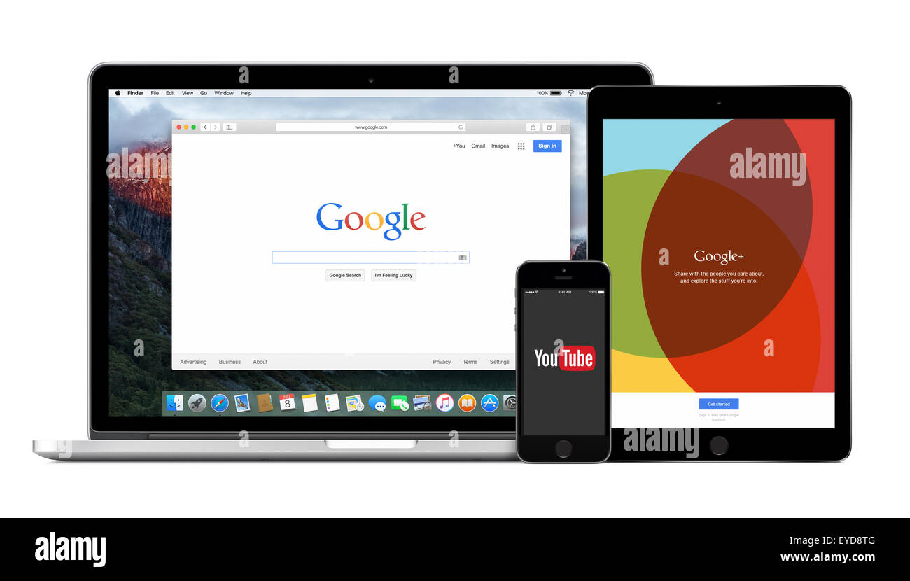 Varna, Bulgaria - Febbraio 02, 2015: prodotti Google i dispositivi multifunzione impostata sul Macbook Pro Apple, iPhone 5S e iPad aria2. Foto Stock