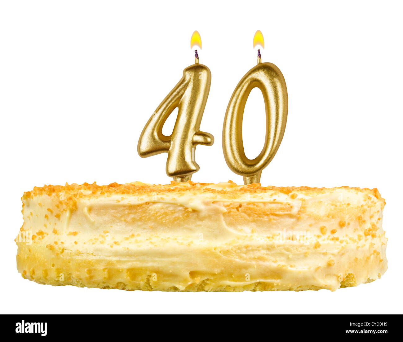 Torta di compleanno con candele numero quaranta isolati su sfondo bianco Foto Stock