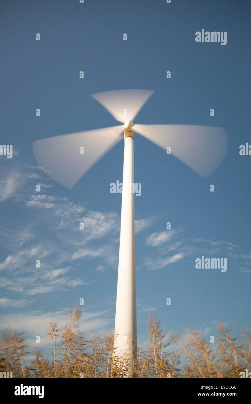 Wind Power Station La filatura veloce con cielo blu e alcune nuvole. Foto Stock