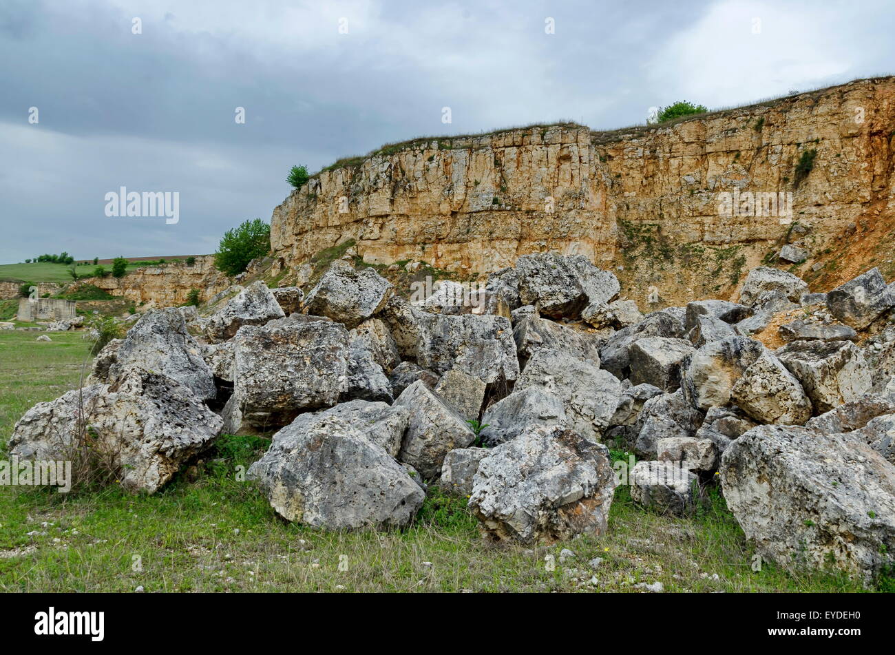 Vista generale verso il costone di roccia sedimentaria nel campo, Ludogorie, Bulgaria Foto Stock