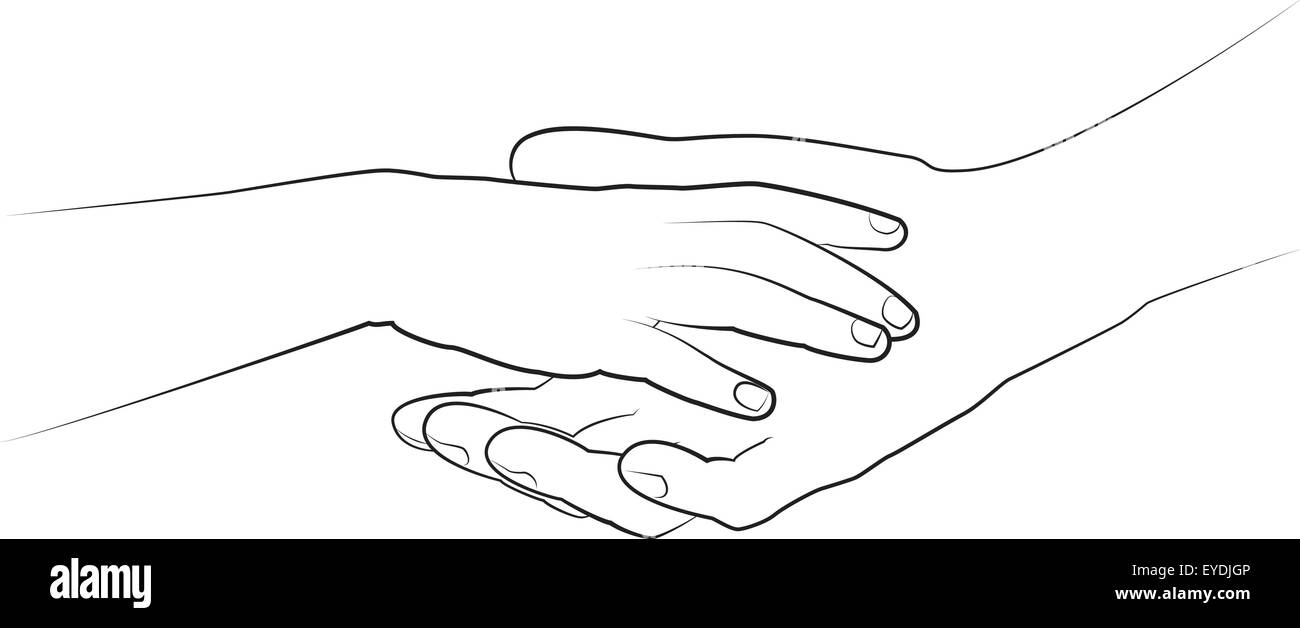 Mano d'uomo tenendo un bambino il palmo della mano. Vettore di disegno monocromatico Illustrazione Vettoriale