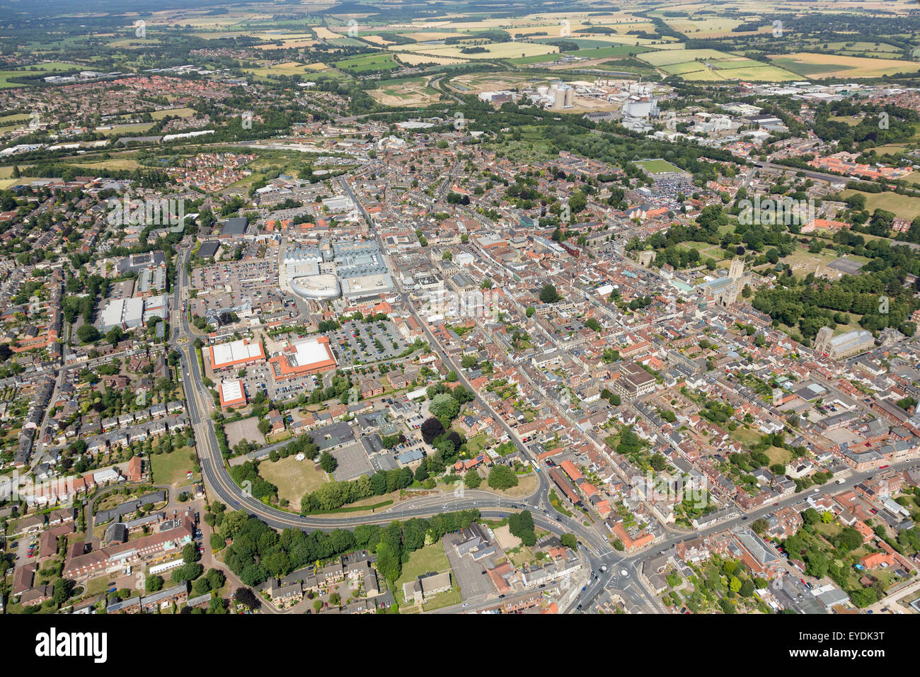 Foto aerea di Bury St Edmunds town centre, Suffolk, Regno Unito Foto Stock