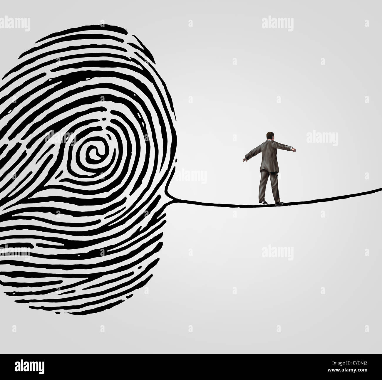 Il cliente per la sicurezza delle informazioni il concetto di rischio come una persona che cammina su un finger print conformata come un filo alto linea come un simbolo online e metafora per account personali di dati o database pericolo di violazione. Foto Stock Il cliente per la sicurezza delle informazioni il concetto di rischio come una persona che cammina su un finger print conformata come un filo alto linea come un simbolo online e metafora per account personali di dati o database pericolo di violazione. Foto Stock