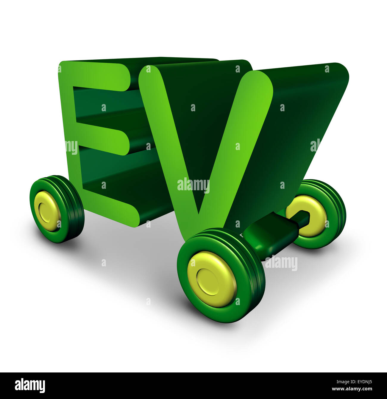 Concetto di veicolo elettrico e EV simbolo come lettere di colore verde su ruote come icona per l'elettricità alimentato automatico e il futuro dell'ambiente alimentato a batteria per il trasporto e a zero emissioni automobile. Foto Stock