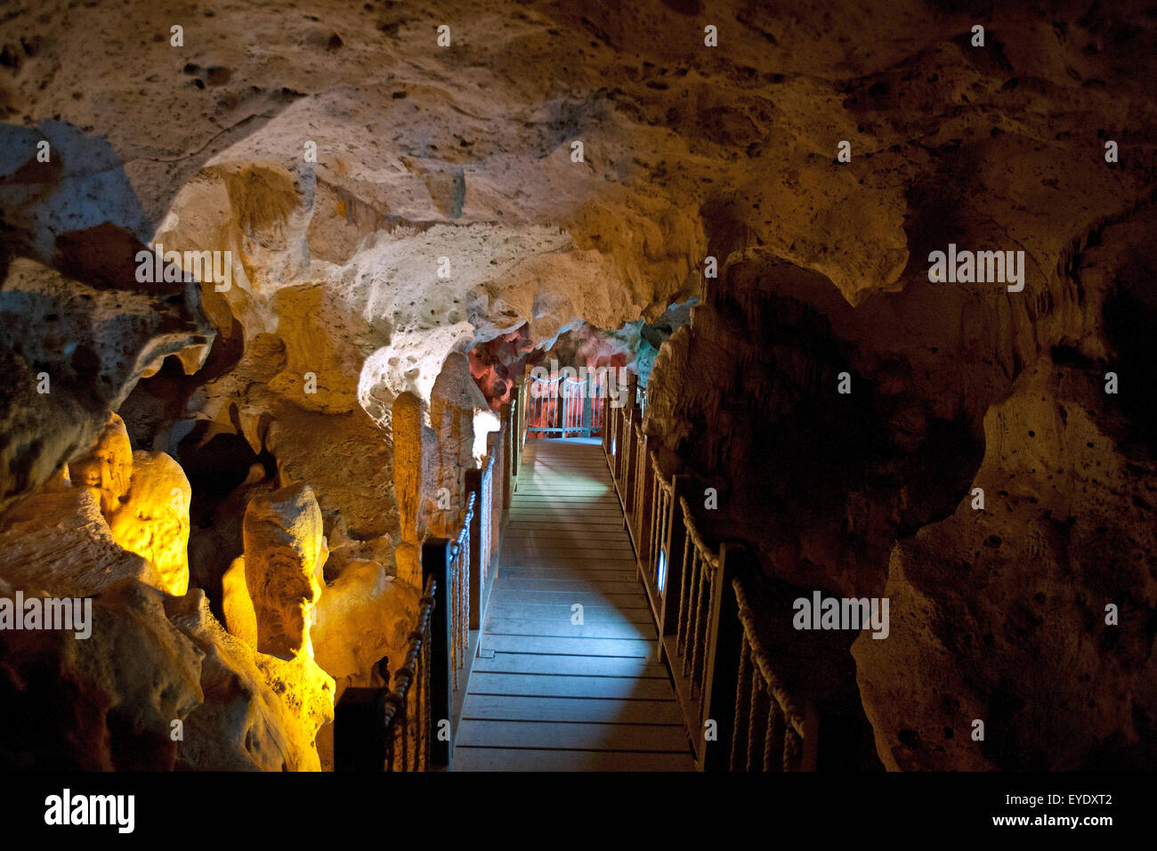 Ponte pedonale attraverso la Grotta Verde Grotte, Discovery Bay, St. Ann, Giamaica Foto Stock