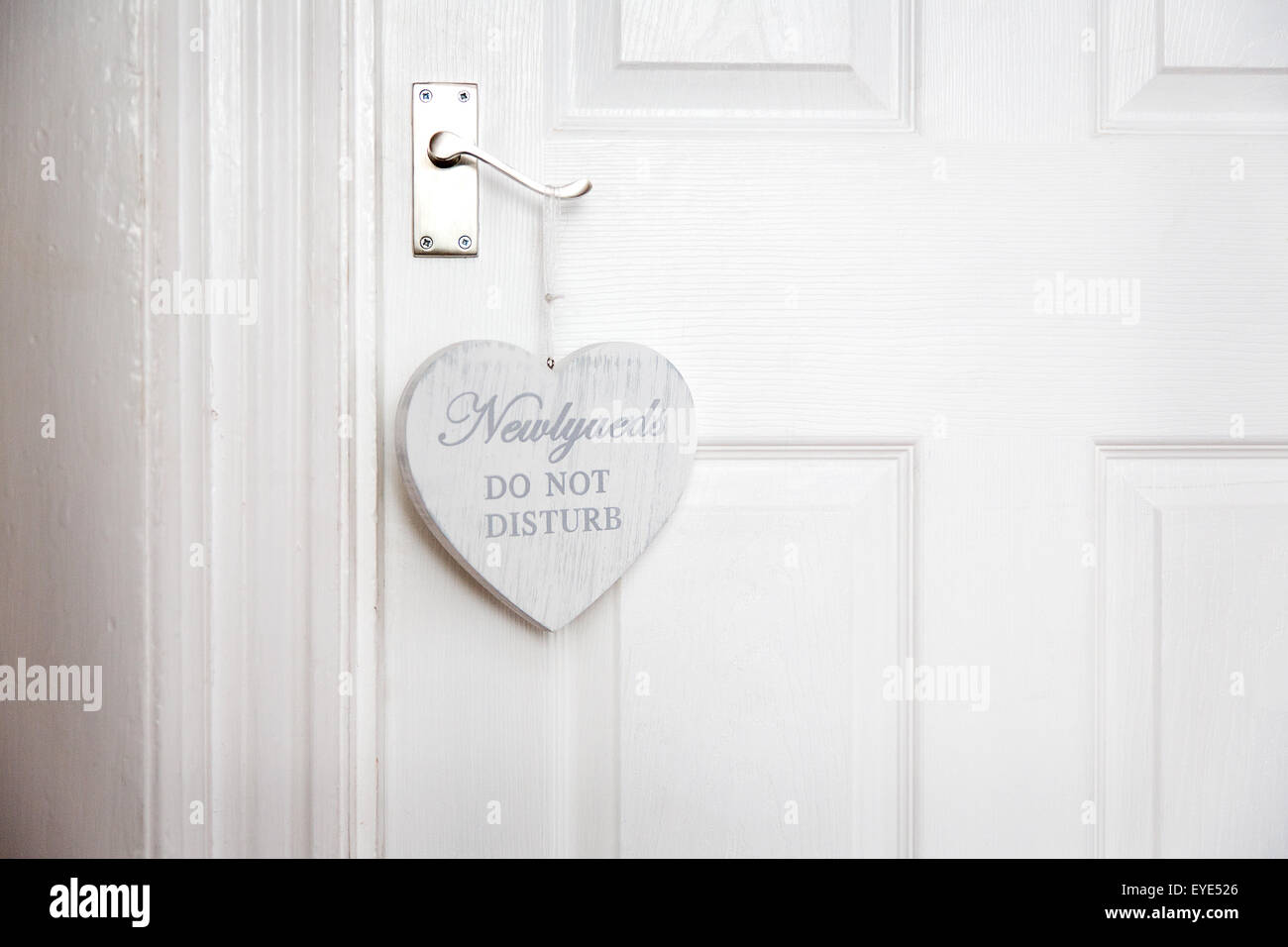 Un divertente cartello "Don Not Disturb" per gli sposi che si sposano da poco si trova sulla porta della camera da letto della suite luna di miele per la coppia appena sposata quando va in camera Foto Stock
