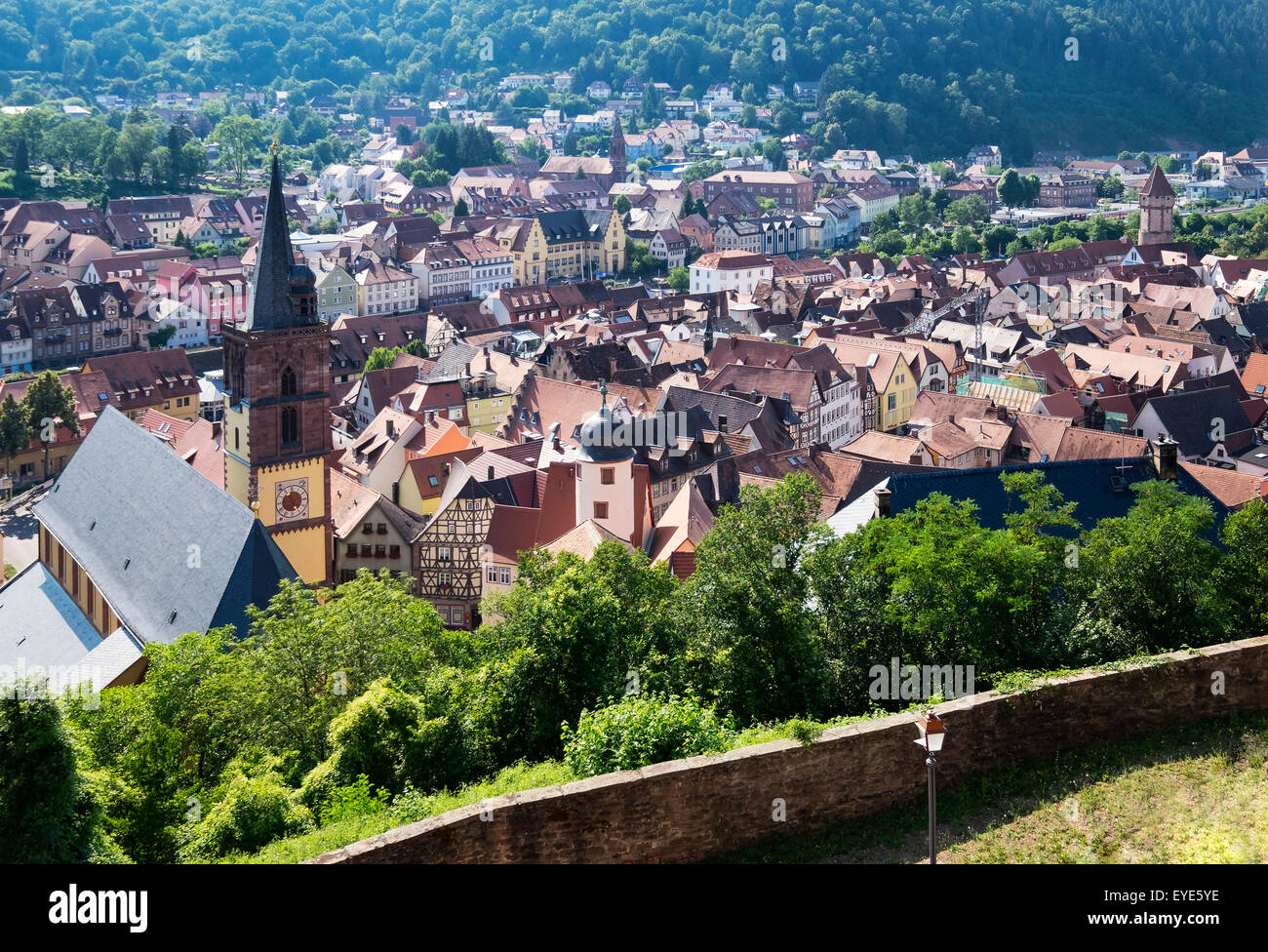 Townscape, vista dal castello di Wertheim, Tauberfranken, Baden-Württemberg, Germania Foto Stock